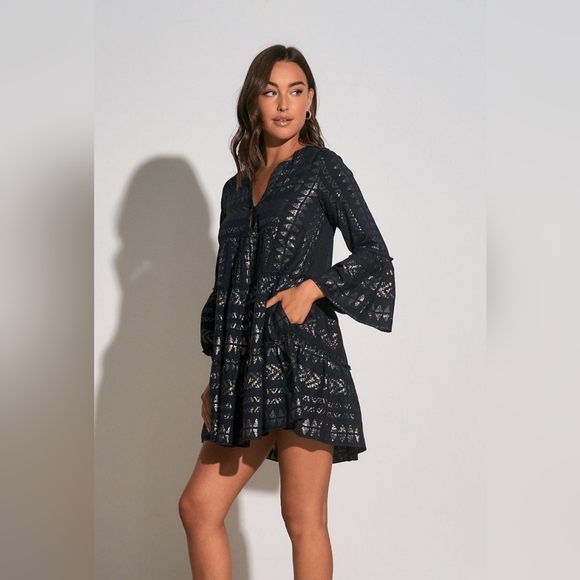 NWOT Anthropologie Ana Blue and Gold Resort Mini Dress - Medium - Picture 1 of 10
